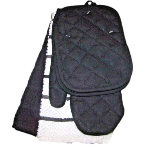 Black White Kitchen Towel Set of 5 Oven Mitt Potholders Solid Stripe Cotton NWT - Picture 1 of 3